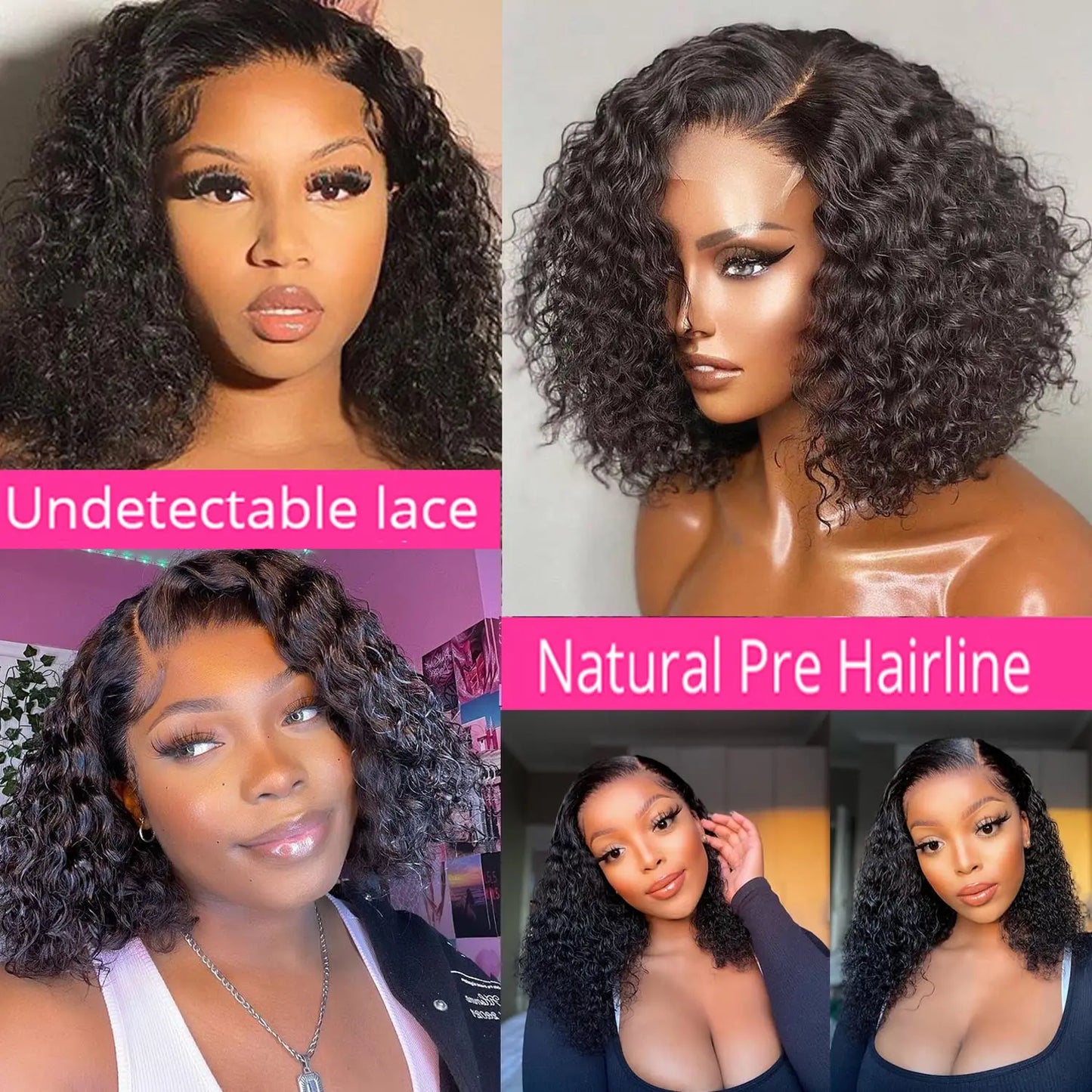 Short Curly Natural Black Bob Brazilian Human Hair Lace Front Wigs 4x4 Closure #1B Deep Wave Wig For Women 10-16inch