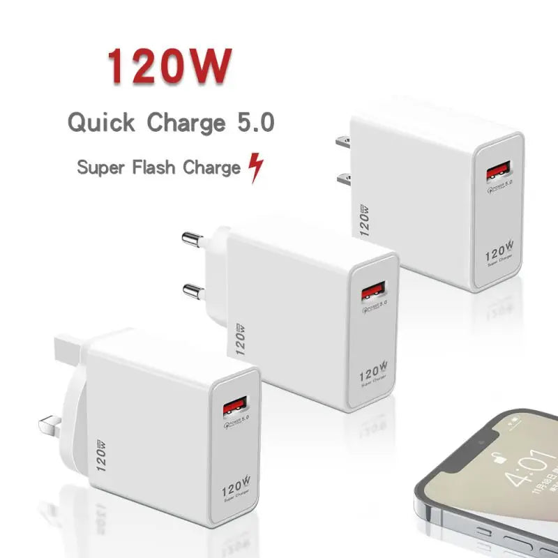 120W USB Fast Charger Quick Charge 5.0 EU/US/UK Plug Phone Charger Type-C Cable For Huawei Samsung Xiaomi QC3.0 USB Wall Charger