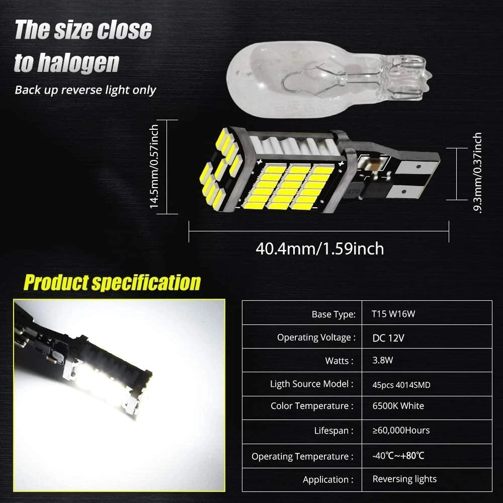 2PCS T15 W16W 921 912 T16 902 LED Bulbs High Power 45pcs 4014SMD Super Bright 1200LM Replace For Car Reversing Light White