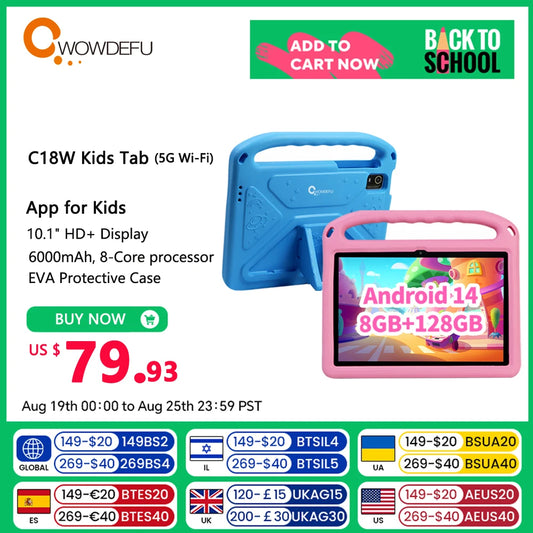 Cwowdefu C18W Kids Tablet 8GB 128GB A523 Octa Core 10.1 HD+ Display 6000mAh WIFI-5G Android 14 Tablets for Children Girls 2024