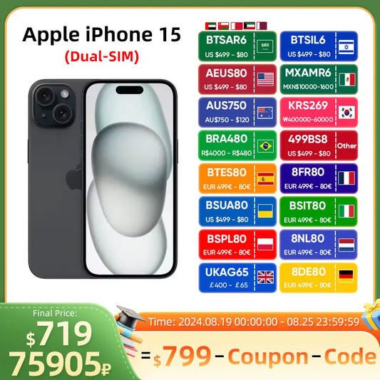 Apple iPhone 15 A3092 iOS 17 Apple A16 Bionic Super Retina XDR OLED Display IP68 dust/water resistant Dual SIM 100% New Original