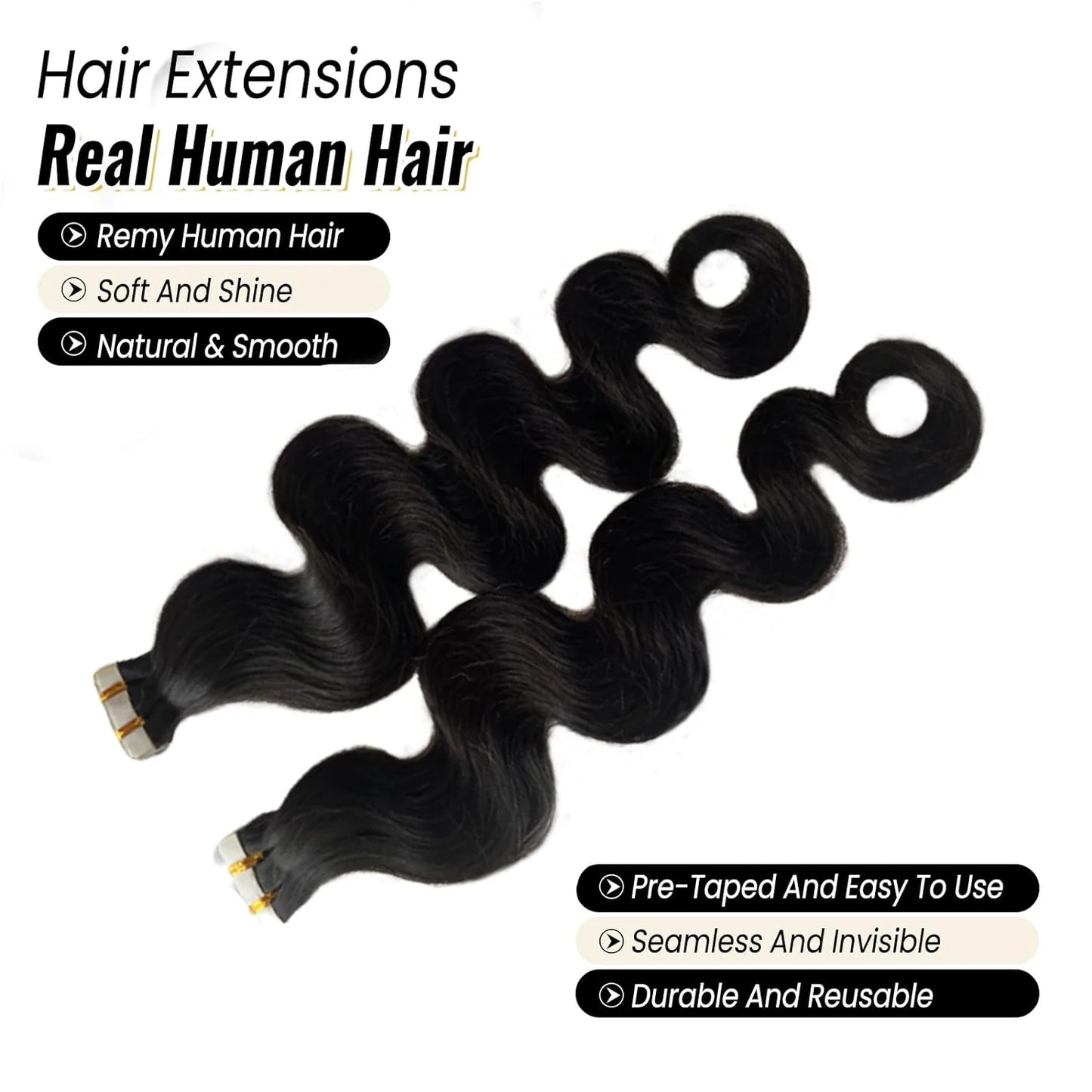 Tape In Human Hair Body Wavy Wave Extensions For Black Woman 100% Real Remy Human Hair Skin Weft Adhesive Glue Natural Black #1B