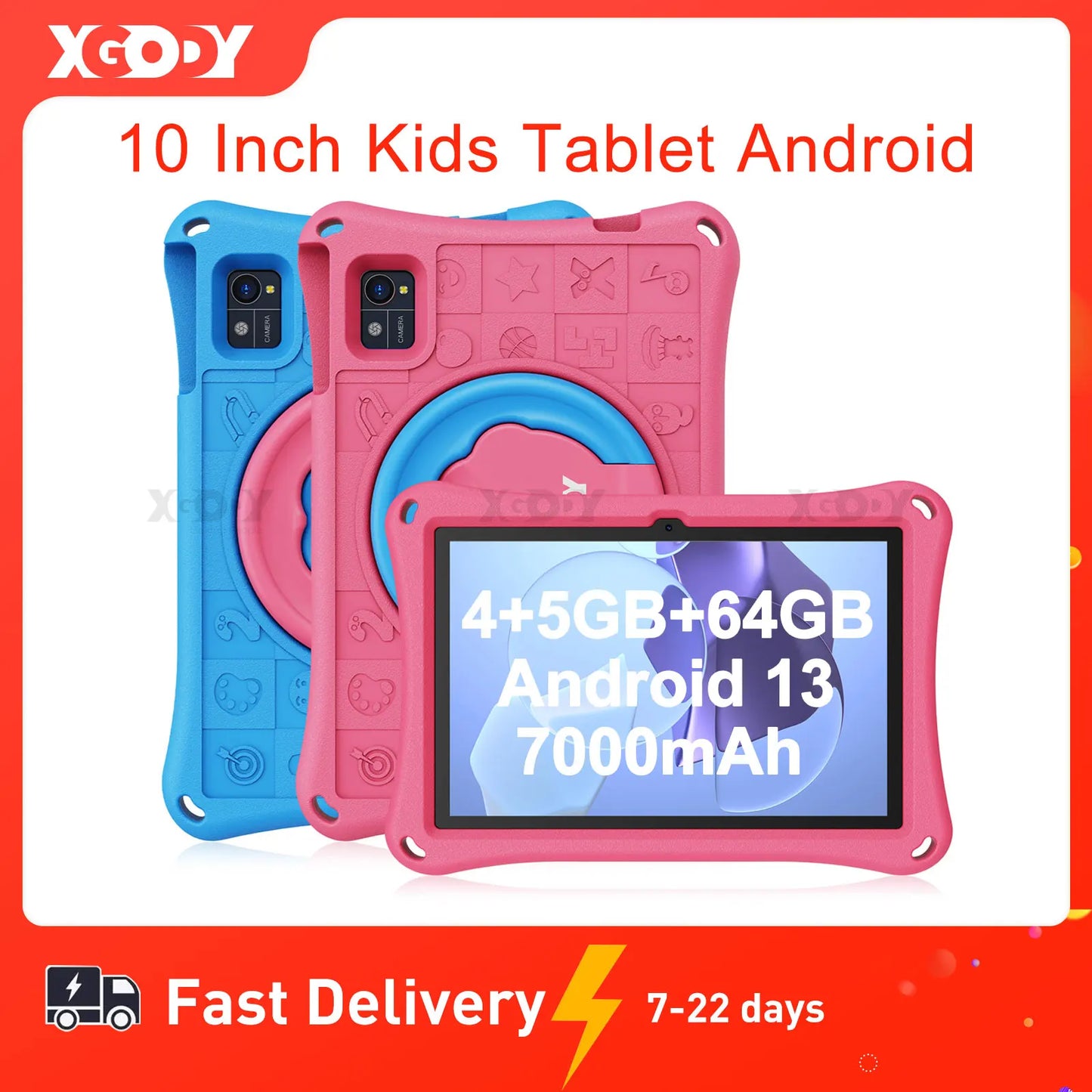 XGODY WiFi Tablet Android Pc 10.1 Inch Kids Learning Education Tablets Children's Gift 4GB RAM 64GB ROM Quad-core 7000mAh