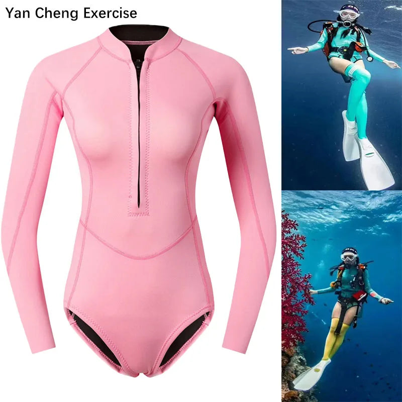 Woman Diver Diving Suit 2mm Neoprene Diving Equipment Pink Long Sleeve Bikini Swimsuit Women Korean Swimwear Snorkeling Suit