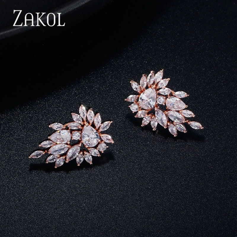 ZAKOL Elegant Flower Stud Earrings for Women Bridal Wedding Water Drop Cubic Zircon Fashion Jewelry Gift Brincos