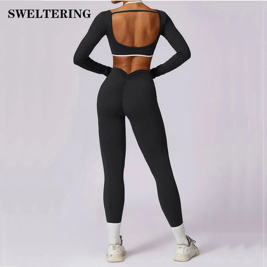 2 Pieces Women Tracksuit Yoga Set Workout Sportswear Gym Clothing Fitness Long Sleeve Crop Top High Waist Leggings Sports Suits