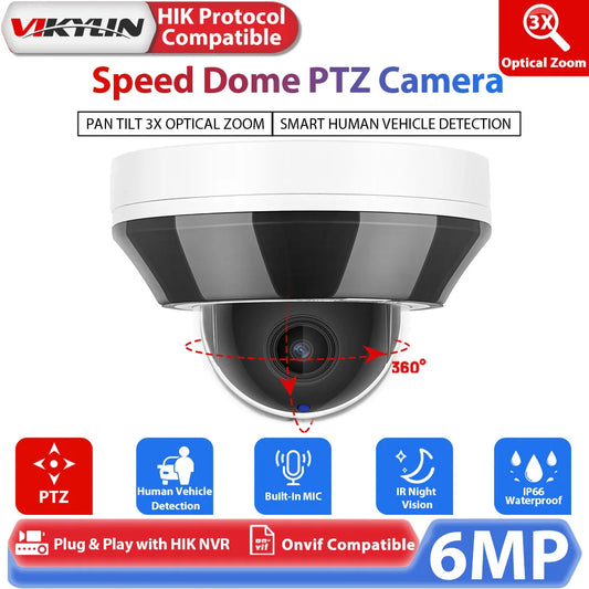 Vikylin 6MP PTZ Dome Security IP Camera For Hikvision Compatible POE 2.8-8mm 3X Zoom H.265 IP66 CCTV Surveillance Cam With MIC