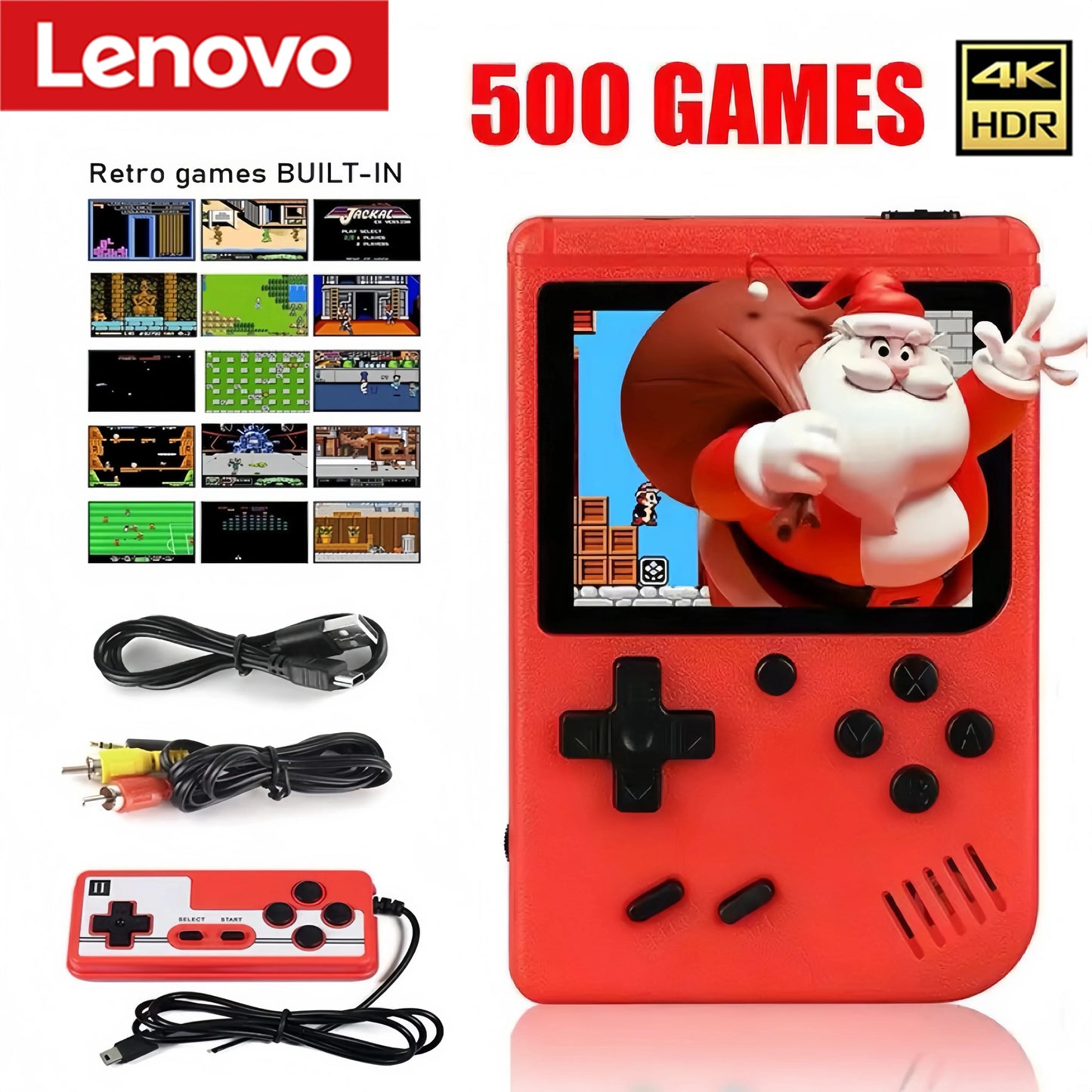 Lenovo Retro Portable Mini Handheld Video Game Console 8-Bit 3.0 Inch LCD Color Kids Game Player Built-in 500 games For Kid Gift