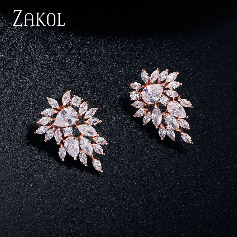 ZAKOL Elegant Flower Stud Earrings for Women Bridal Wedding Water Drop Cubic Zircon Fashion Jewelry Gift Brincos