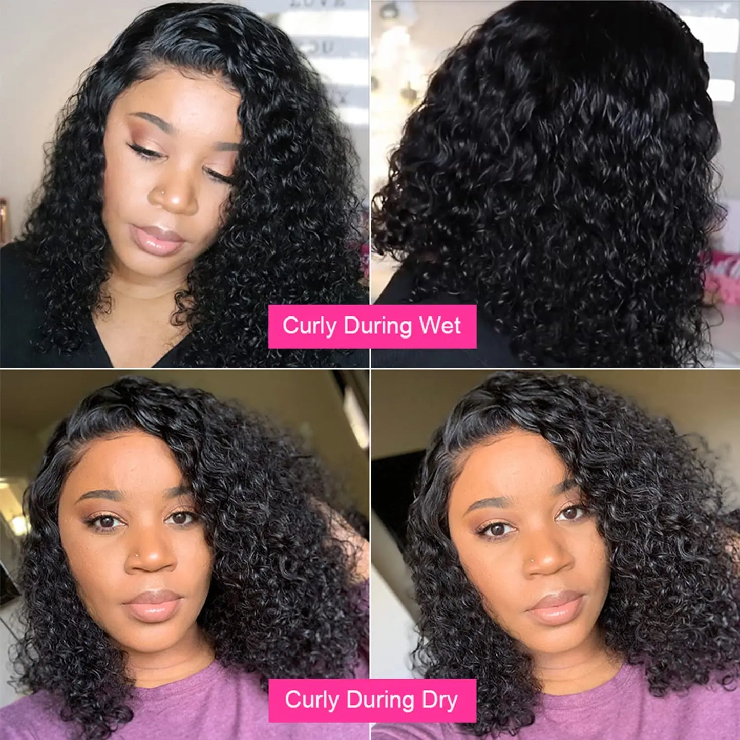 Short Curly Natural Black Bob Brazilian Human Hair Lace Front Wigs 4x4 Closure #1B Deep Wave Wig For Women 10-16inch