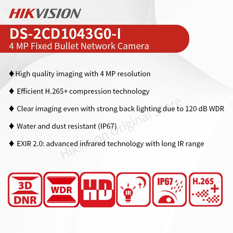 Hikvision 4MP Mini Bullet Camera DS-2CD1043G0-I Outdoor Motion Detection Security CCTV  Night Vision 30m Smart H.265+ PoE Camera