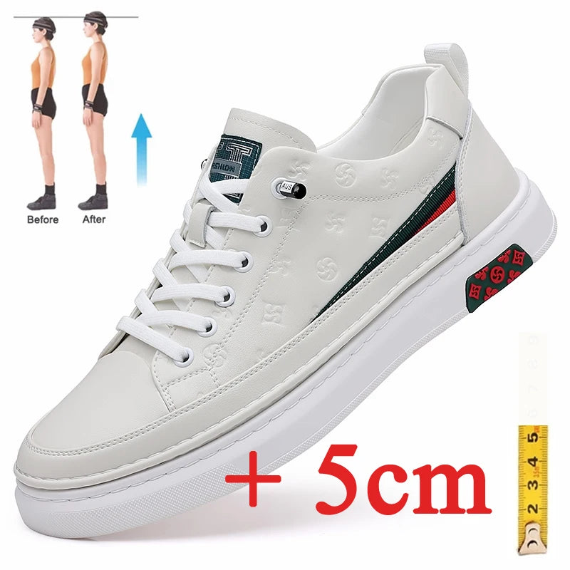 2024 Spring Men's Elevator Shoes Men Loafers White Soft Leather Moccasins Height Increased 5cm Taller Shoes Man Sneakers