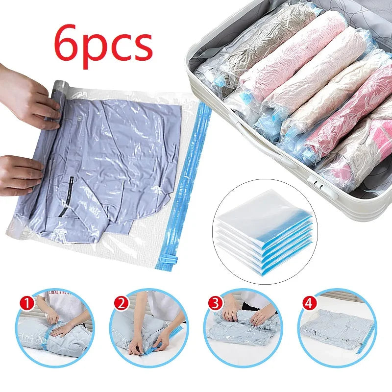 Reusable Travel Clothes Air Vacuum Bags Roll Up Compression Storage Bags for Suitcases Tops Pants Portable Foldable Storage Bags