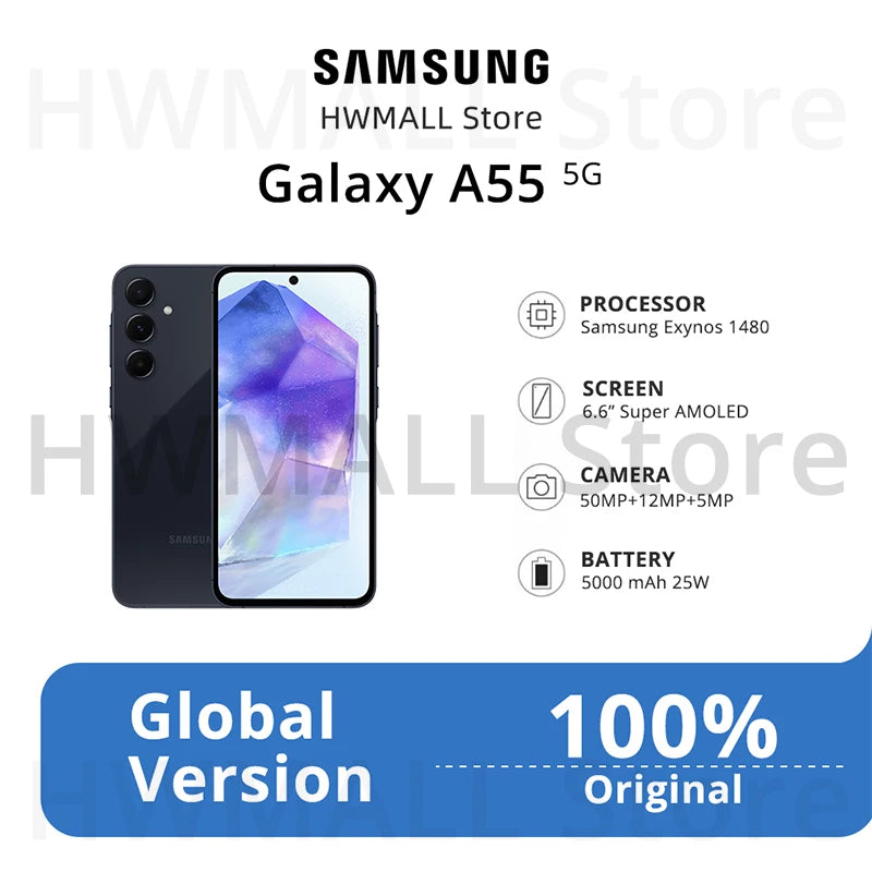 Samsung Galaxy A55 5G Smartphone Exynos 1480 50MP Camera 6.6" FHD+ Super AMOLED 120Hz Display 25W 5000mAh Fast Charge Cellphone