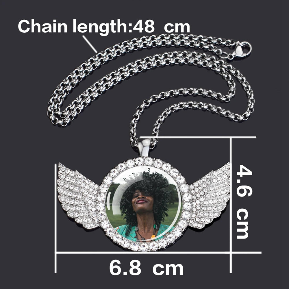 Custom Necklace Personalized Photo Picture Angel Wings Rhinestone Pendant Chains Necklaces Creative Fashion Hip Hop Jewelry Gift