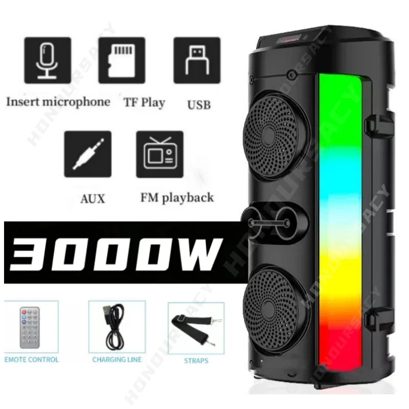 Karaoke Sound Box Caixa De Som 3000W P.M.P.O RGB Color Party DJ Sound Box Outdoor Portable Dual Horn Stereo Subwoofer FM/TWS/US