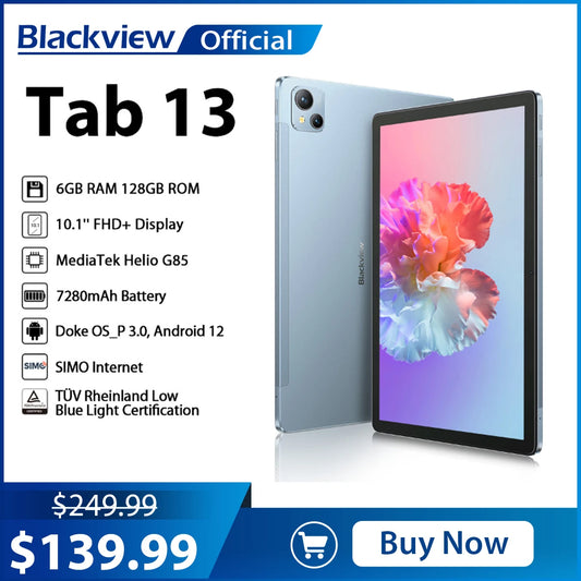 Blackview Tab 13 Tablet 10.1'' FHD+ Display Helio G85 Octa Core 6GB+128GB SIMo Tablets Pad 7280mAh Android 12 13MP Camera