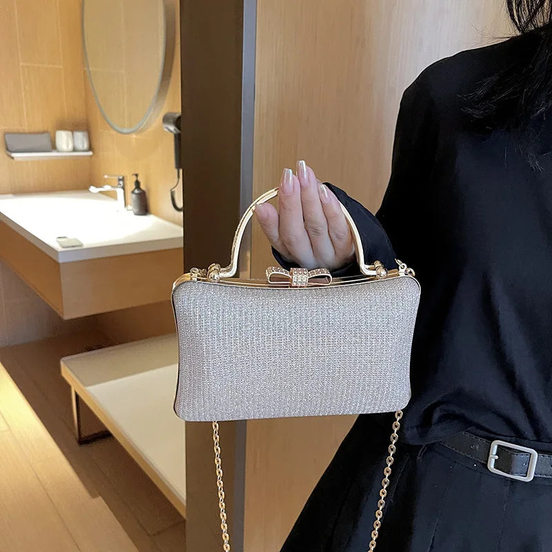 Chic Glitter Sequins Diamond Clutch Handbag Women Metal Top Handle PU Leather Square Rhinestone Messenger Purse Chain Bag Box