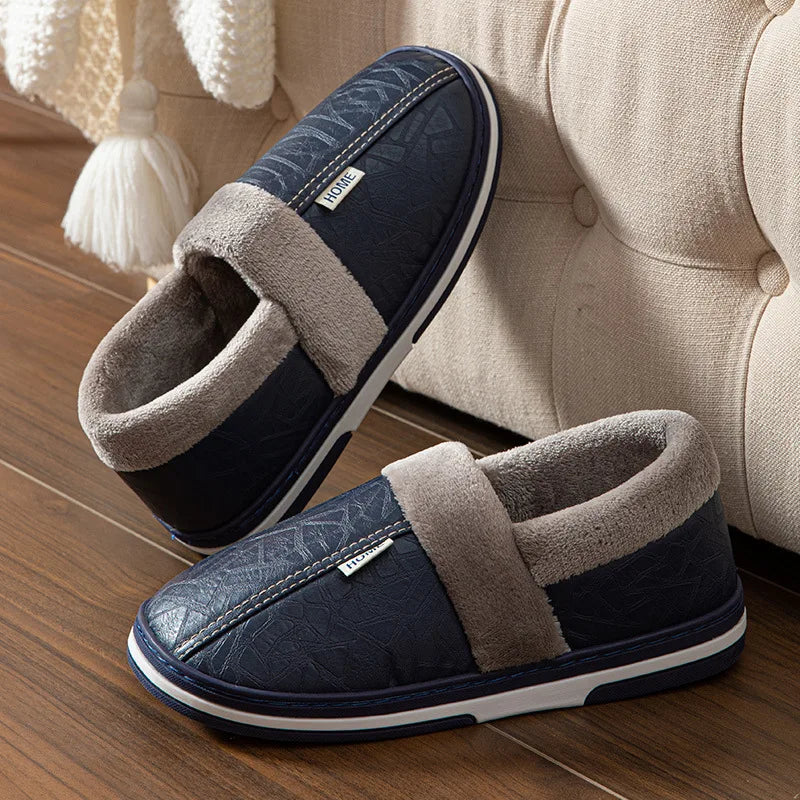 Big Size 50-51 Men Slippers Winter PU Leather Warm Indoor Waterproof Home Furry Flats Couples Slides Bedroom Non Slip Shoes