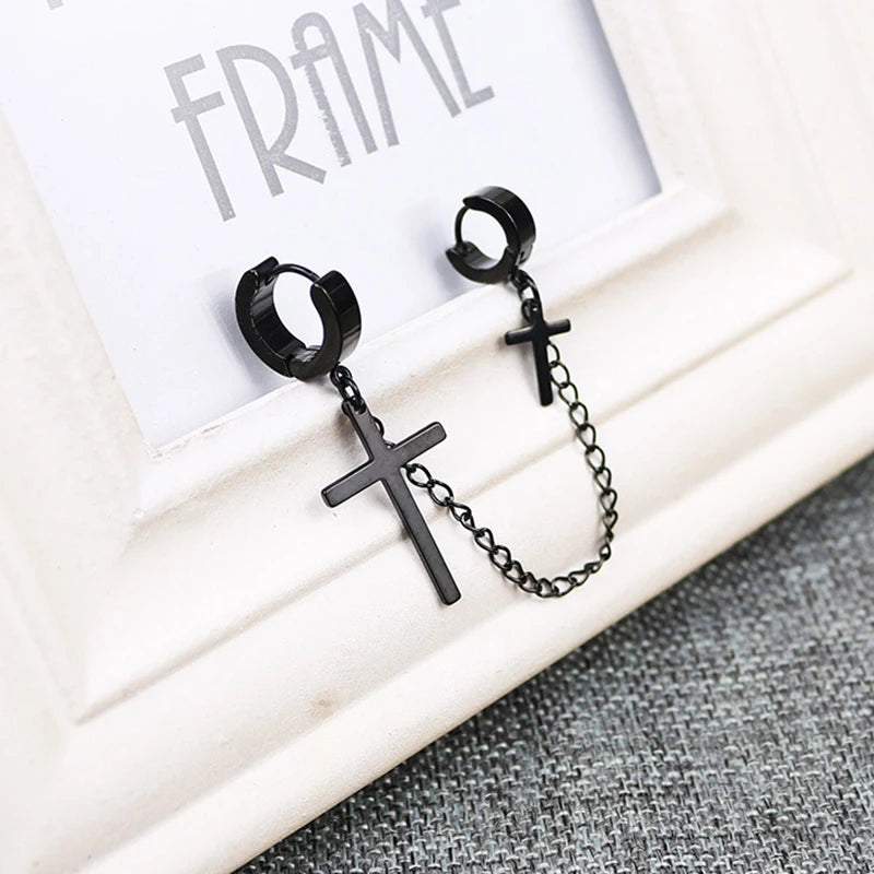 Punk One-peice Tassel Clip Earrings Cross Hoop Earrings for Women Teens Men Ear Cuffs Alloy Hip Hop Jewelry Earing Metal Chain