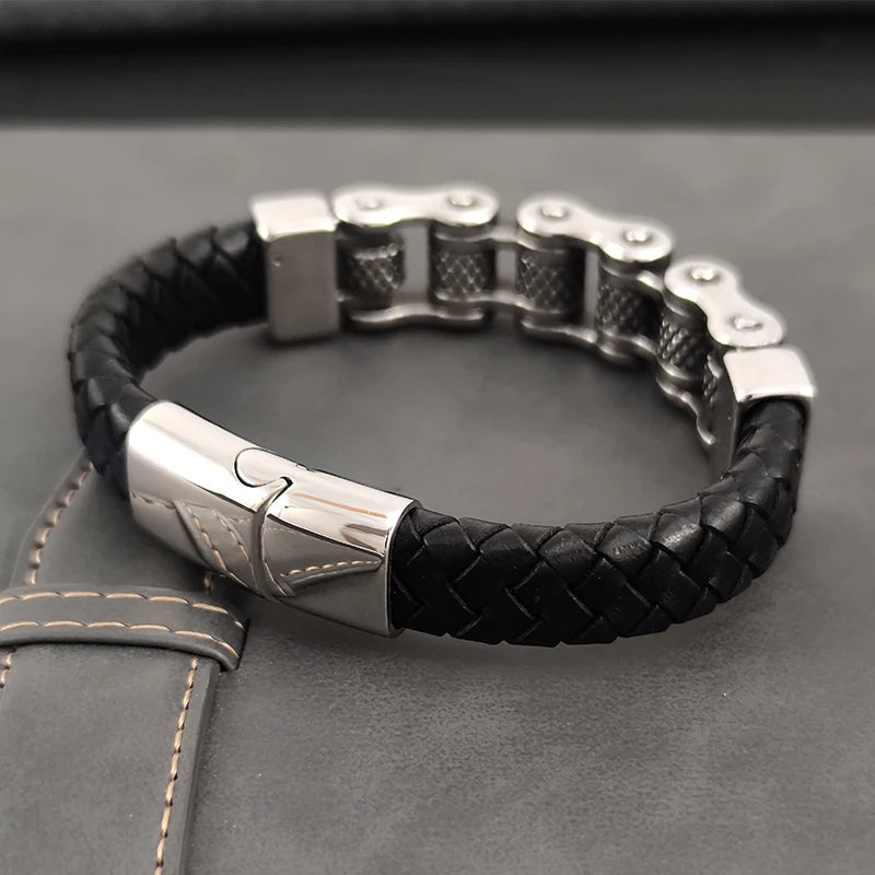 Classic Locomotive Chain Leather Bracelet Multi-layer Men Stainless Steel Punk Magnetic Clasp Bangle for Friend Charm Jewelry