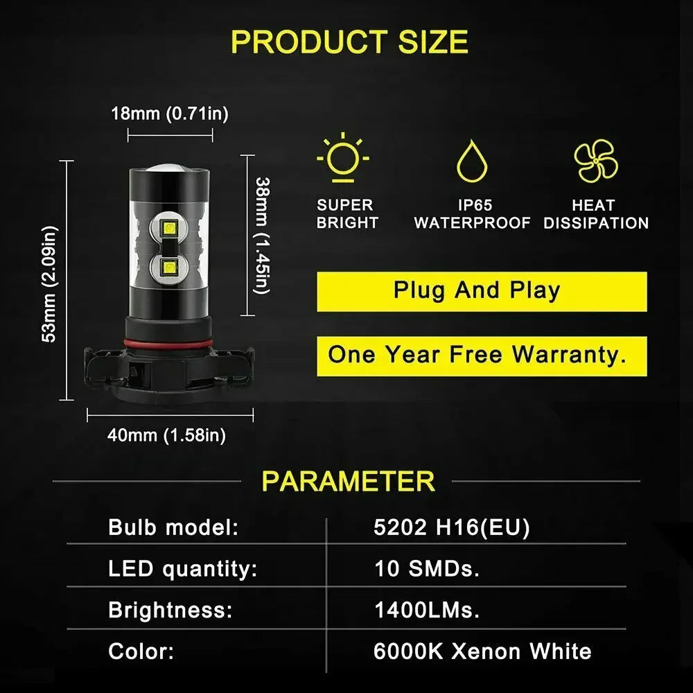 2X  H16 5202 PSX24W Fog Light 6000K White High Power LED Driving Bulb DRL LED Car Headlight 50W High Low Beam