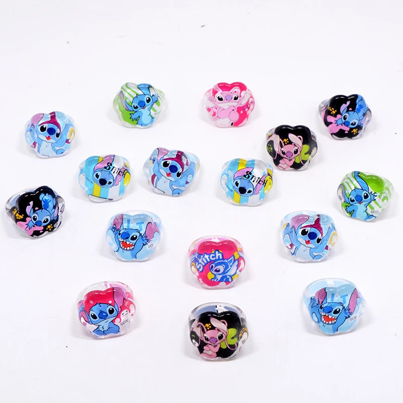 10pcs Disney Cartoon Stitch Flower shape Ring Acrylic Girl Rings Jewelry Ring For Kids Children's Party Birthday Supplies Gift