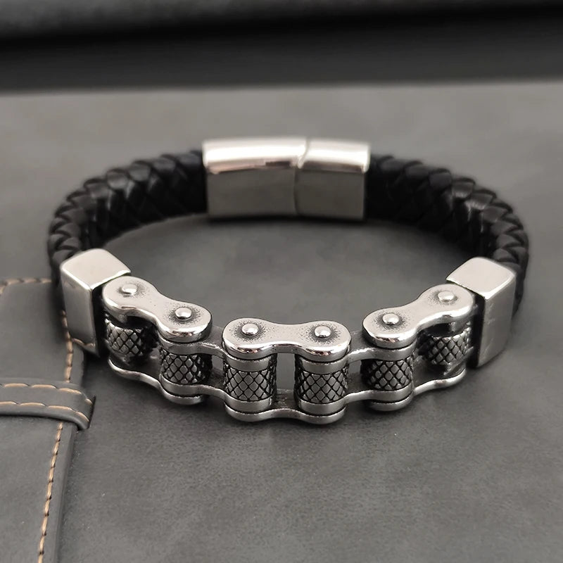 Classic Locomotive Chain Leather Bracelet Multi-layer Men Stainless Steel Punk Magnetic Clasp Bangle for Friend Charm Jewelry