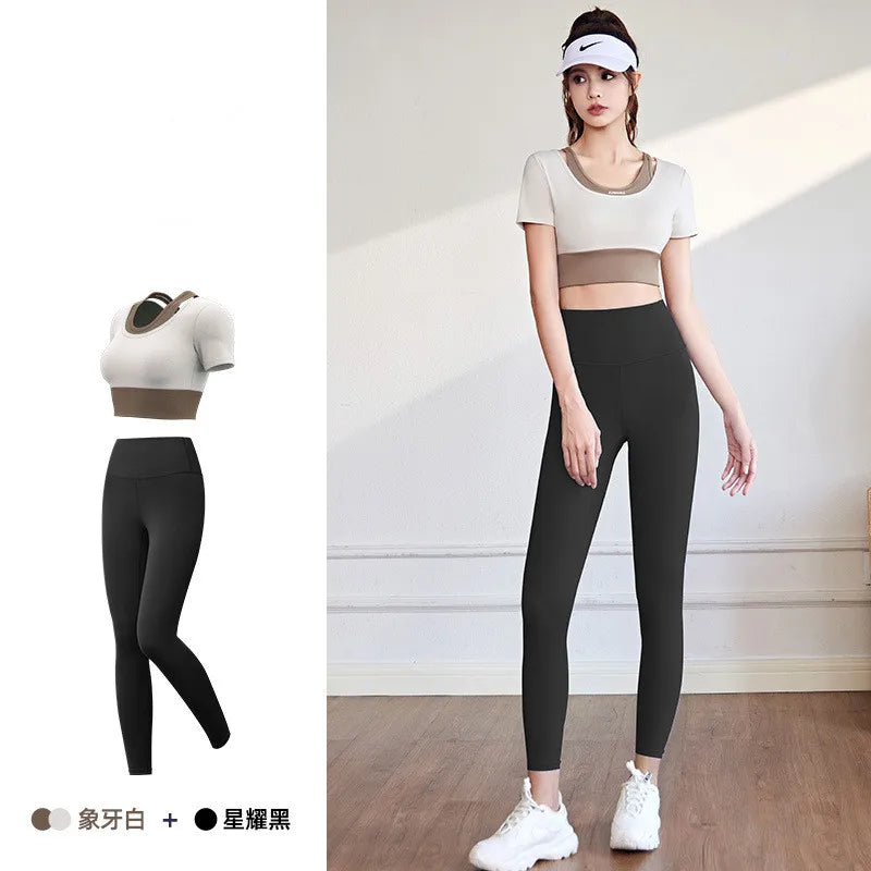 Chest Pad T Shirt+Leggings Women Yoga Two Piece Set Quick Dry Fitness Gym Crop Top Tracksuits Sportswear Running Clothing