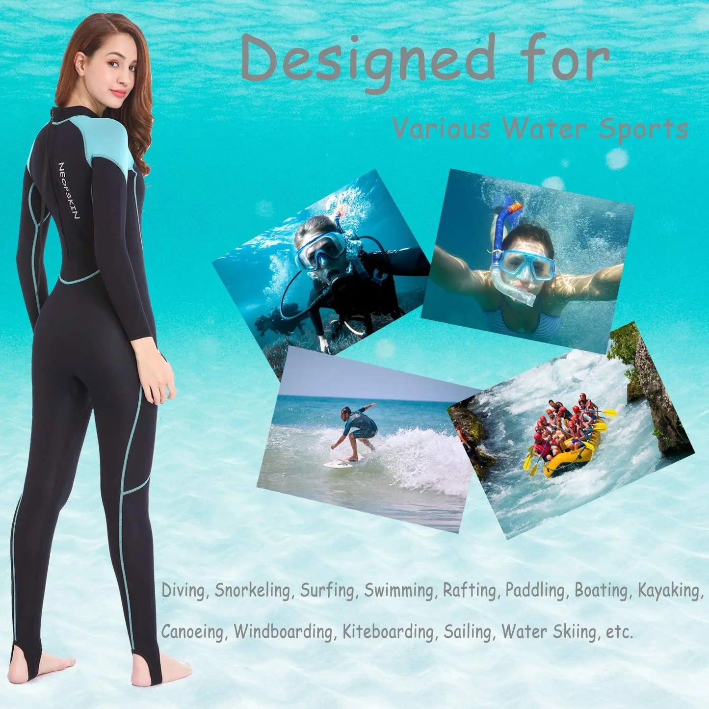 Women's 2mm Neoprene Wet Suits Full Body Wetsuit for Diving Snorkeling Surfing Swimming Canoeing in Cold Water Back Zipper Strap