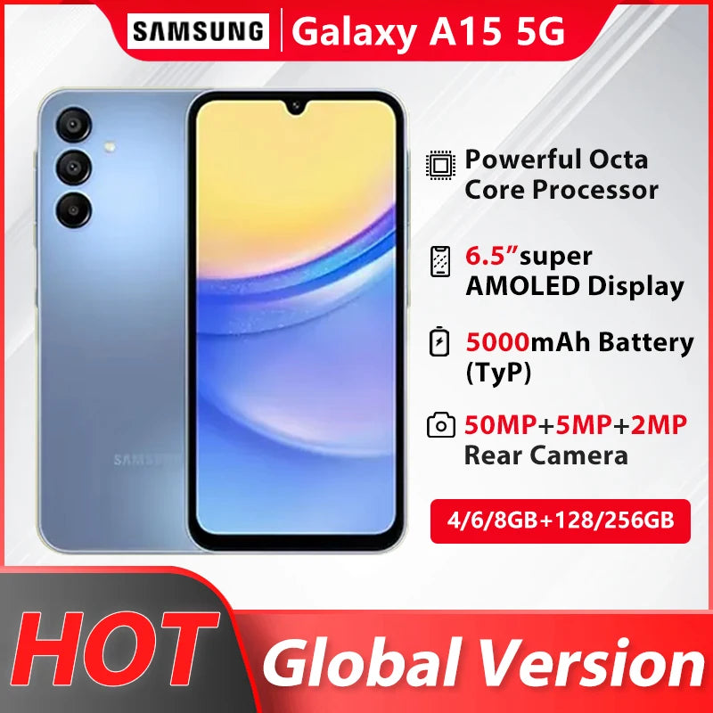 Samsung Galaxy A15 Smartphone Octa Core 6.5'' 90Hz AMOLED Screen 50MP Triple Camera 5000mAh Battery Mobile Phone 4G NFC