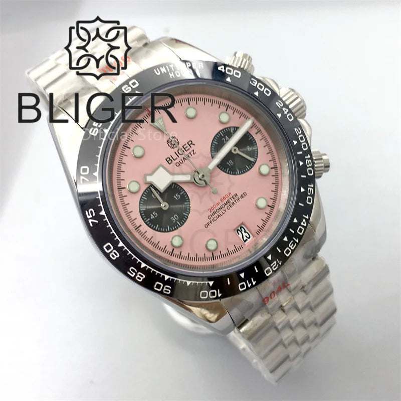 BLIGER 39mm VK64 Moon Quartz Chronograph Watch For Men Sapphire Glass Black Pink Dial With 5 Hands Green Luminous 6 O'clock Date