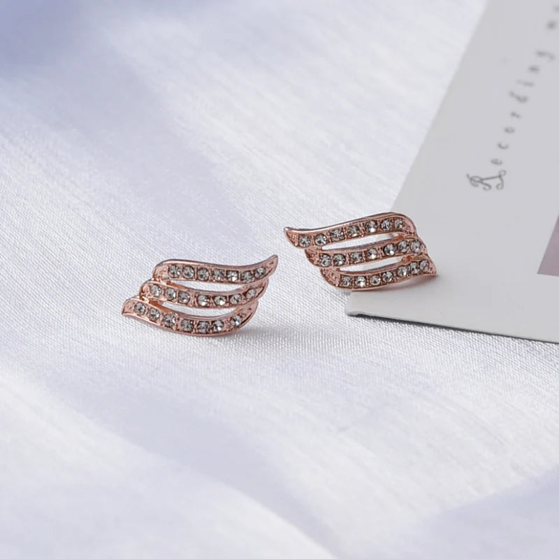 Rose Gold Color Crystal Women's Stud Earrings Hollow Wings Curved Small Earrings for Girls Hiphop Personality Mini Ear Jewelry