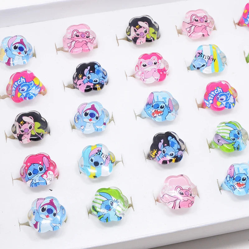 10pcs Disney Cartoon Stitch Flower shape Ring Acrylic Girl Rings Jewelry Ring For Kids Children's Party Birthday Supplies Gift