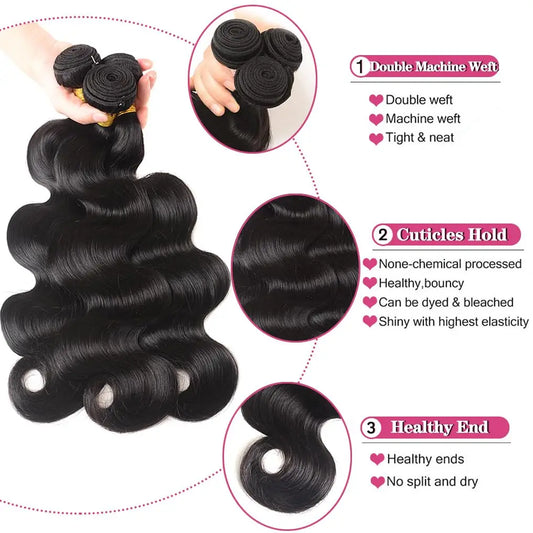 Human Hair Bundles with Closure Body Wave Brazilian Virgin Human Hair Weave 3 Bundles with 4x4 Lace Closure Natural Black Color