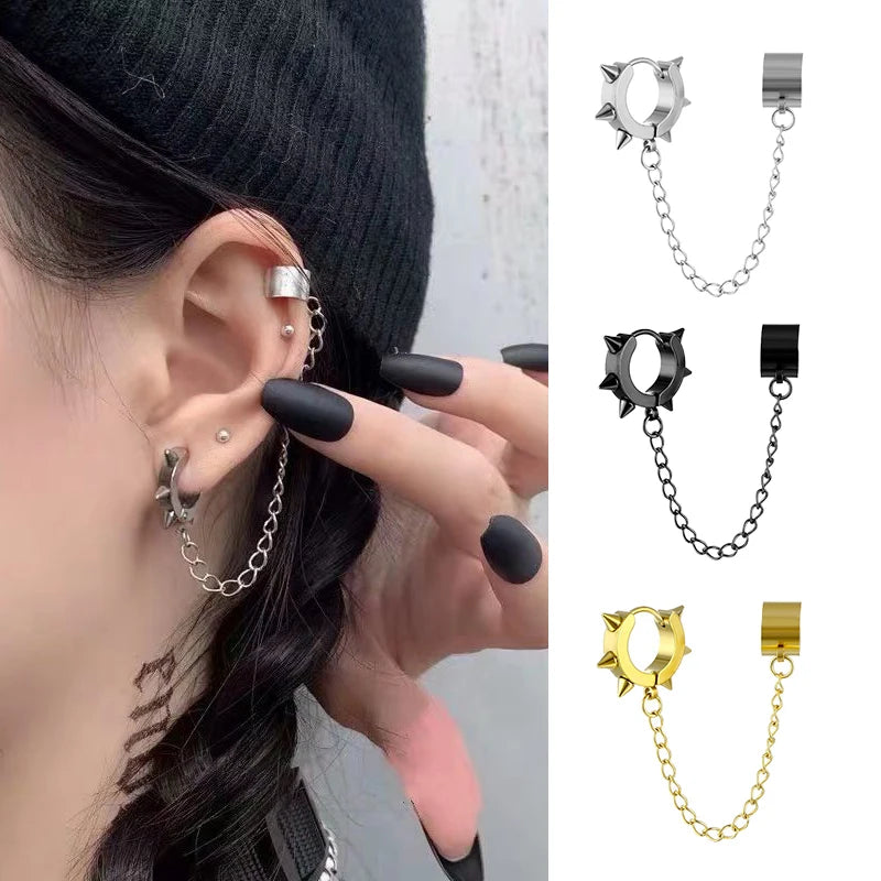 Punk One-peice Tassel Clip Earrings Cross Hoop Earrings for Women Teens Men Ear Cuffs Alloy Hip Hop Jewelry Earing Metal Chain