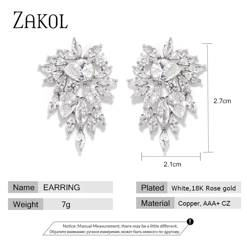 ZAKOL Elegant Flower Stud Earrings for Women Bridal Wedding Water Drop Cubic Zircon Fashion Jewelry Gift Brincos