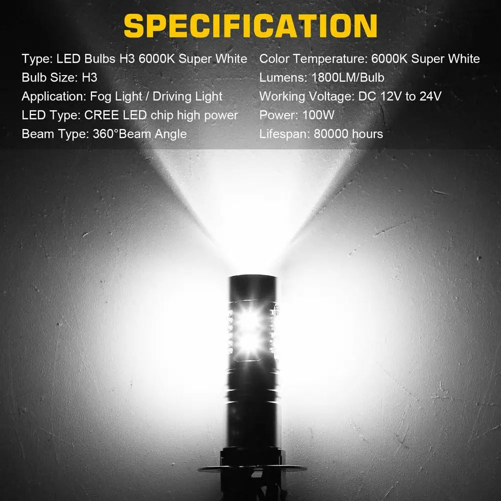 2 Pcs Car H3 Led Fog Light Bulb Conversion Kit Dc 12v-24v 100w 360 Degrees Super Bright Canbus 6000k White Car Accessories Drop