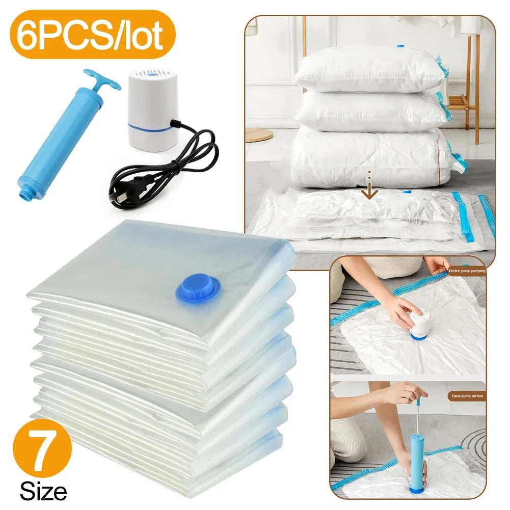 6pcs Vacuum Storage Bags with Pump Transparent Folding Compressed Space Saving Vacuum Bag for Clothes Large Travel Container