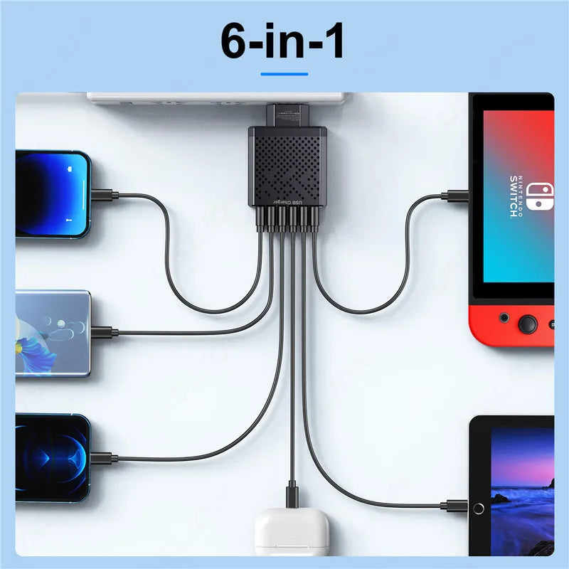 6in1 USB Fast Phone Charger QC3.0 Quick Charger EU/US/UK Plug Mobile Phone Charger For iPhone 15 14 Xiaomi 13 Samsung Macbook